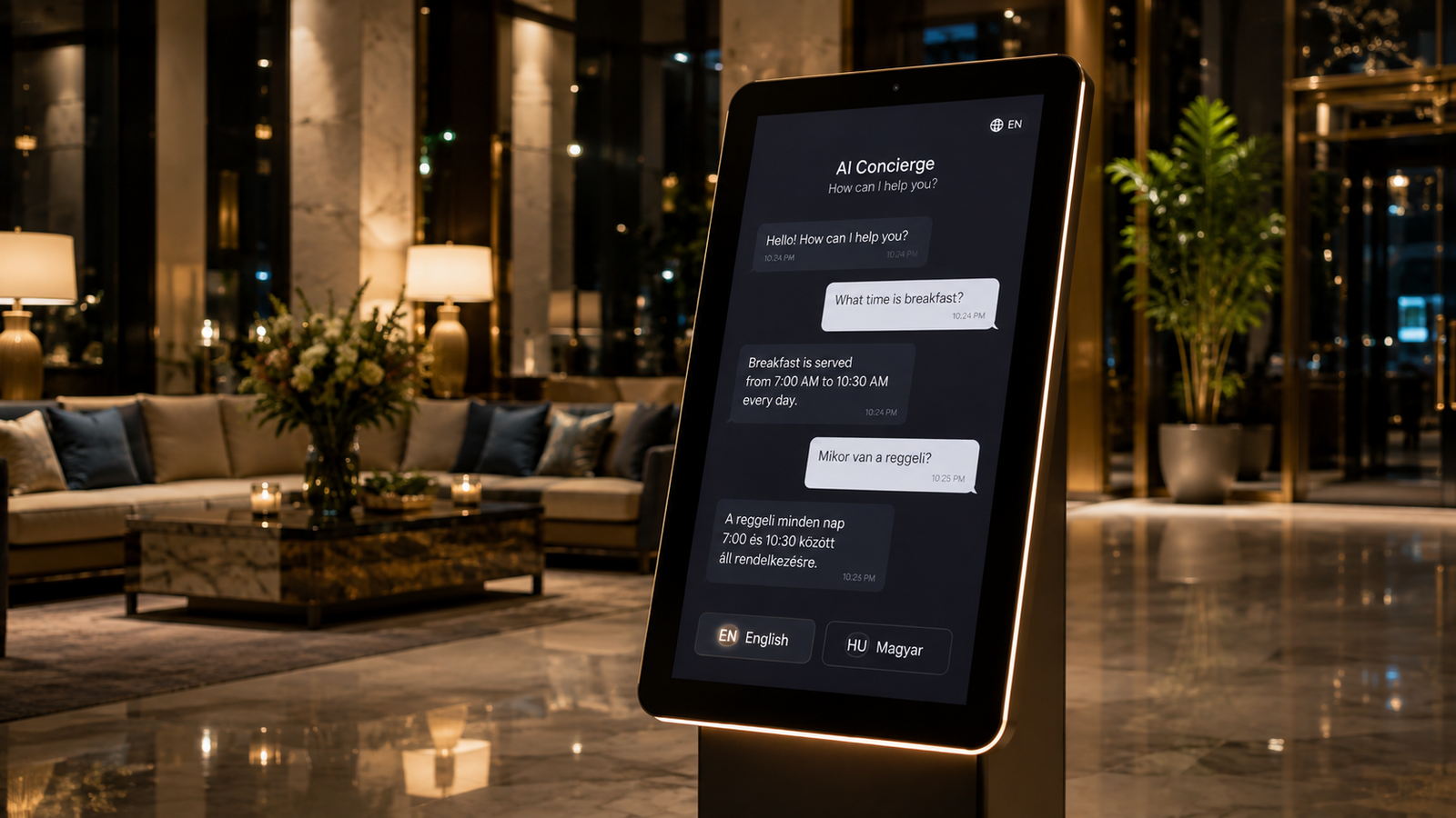 AI chatbot case study — multilingual hotel concierge serving guests in English and Hungarian 24/7